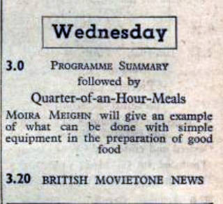 9 December 1936, Moira Meighn television cooking show