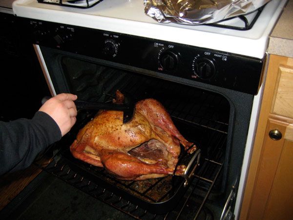 Basting a turkey with a ladle