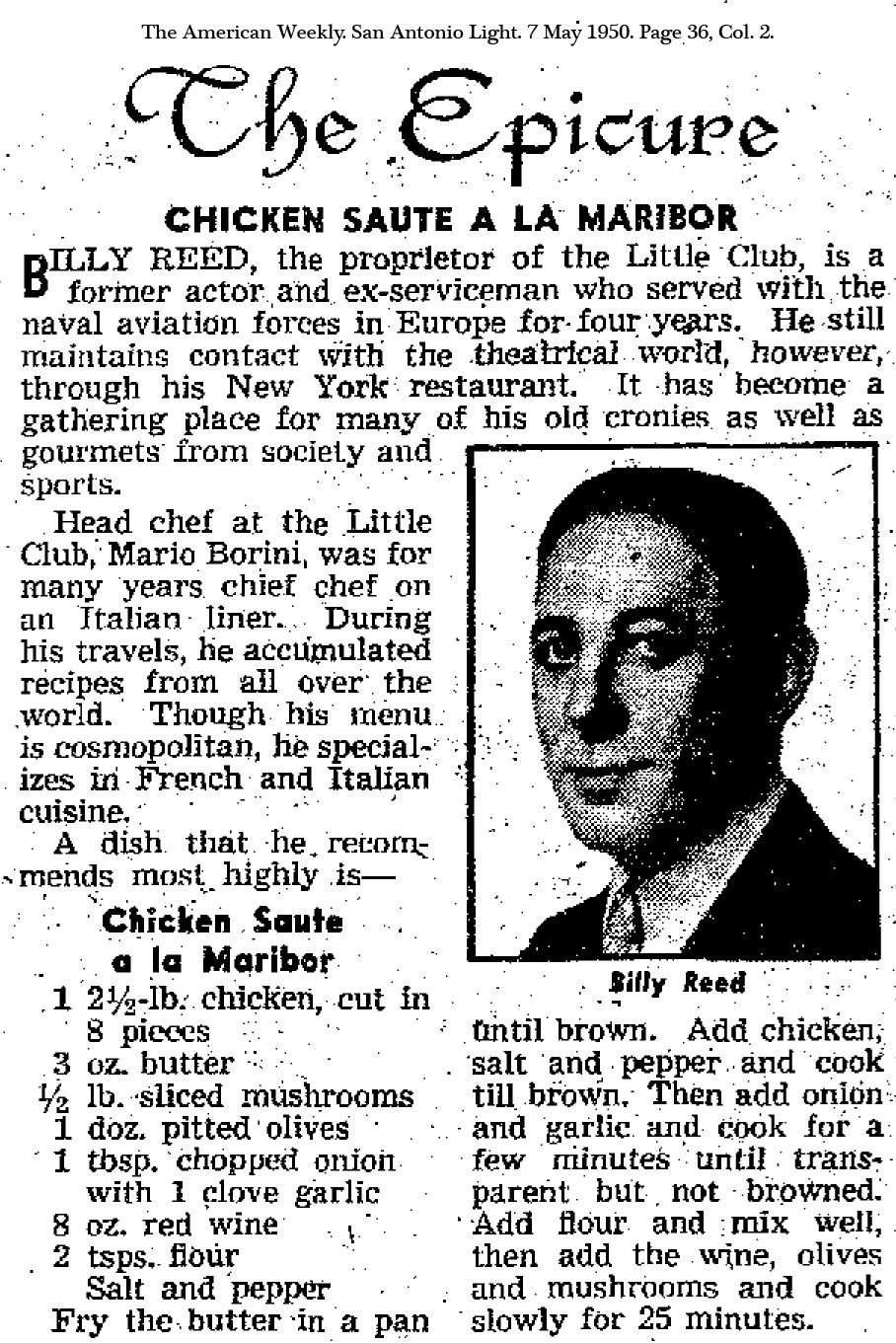 Recipe for Chicken Sauté a la Maribor showing photo of Billy Reed