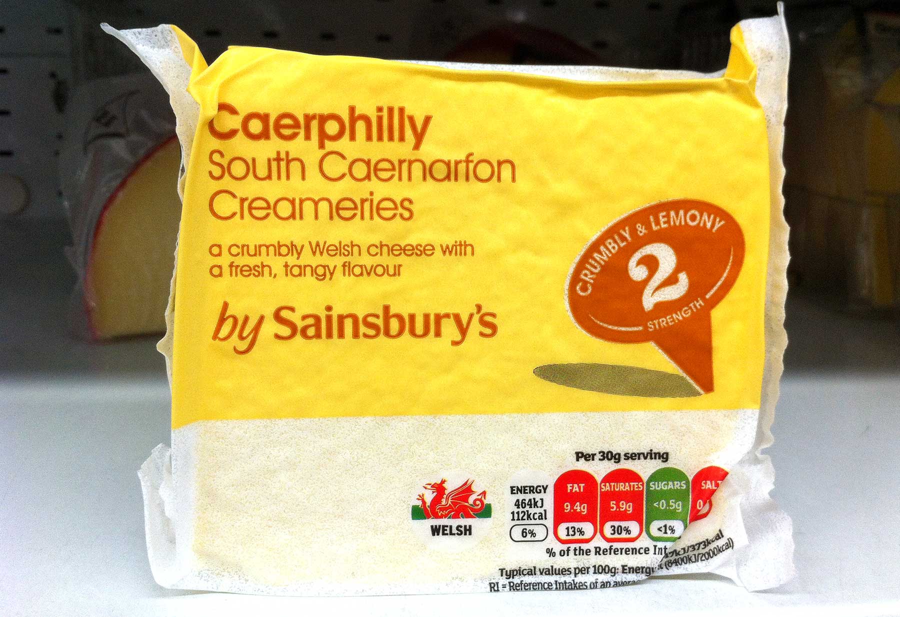 Caerphilly cheese on supermarket chiller shelf