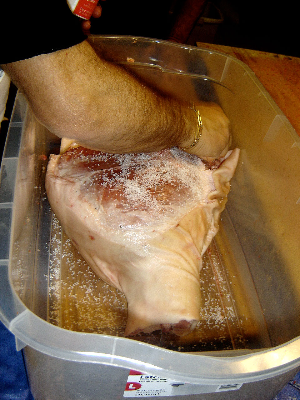Sea salt being applied to prosciutto leg