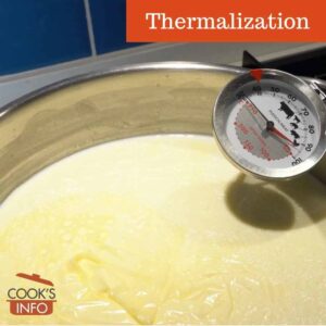 Thermometer inside pot of milk being heated