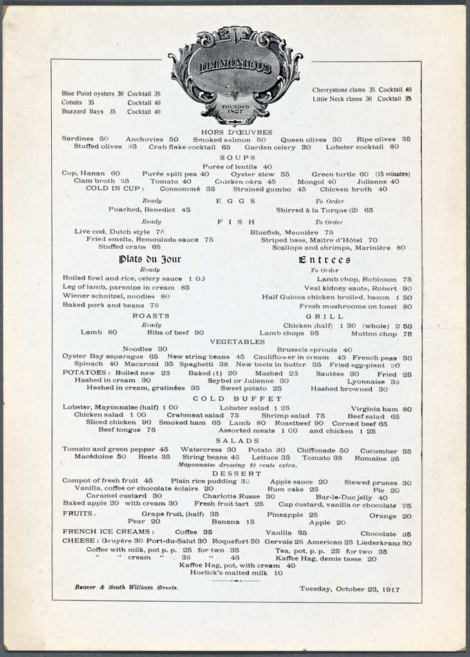 Delmonico's menu, 1917.