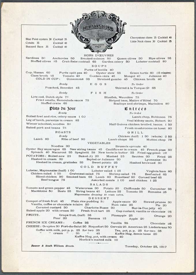 Delmonico's menu cheap