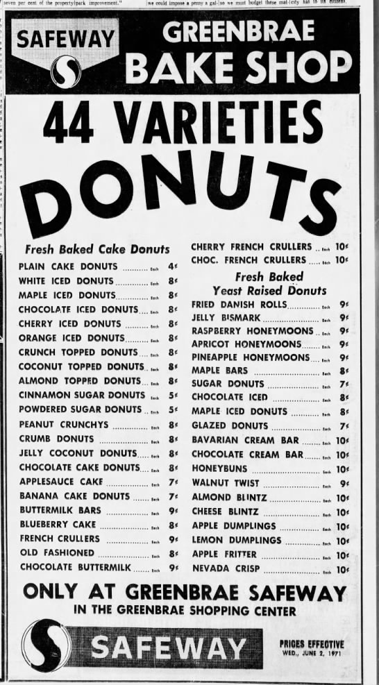 1971 advertisement for doughnut varieties at a Safeway grocery store